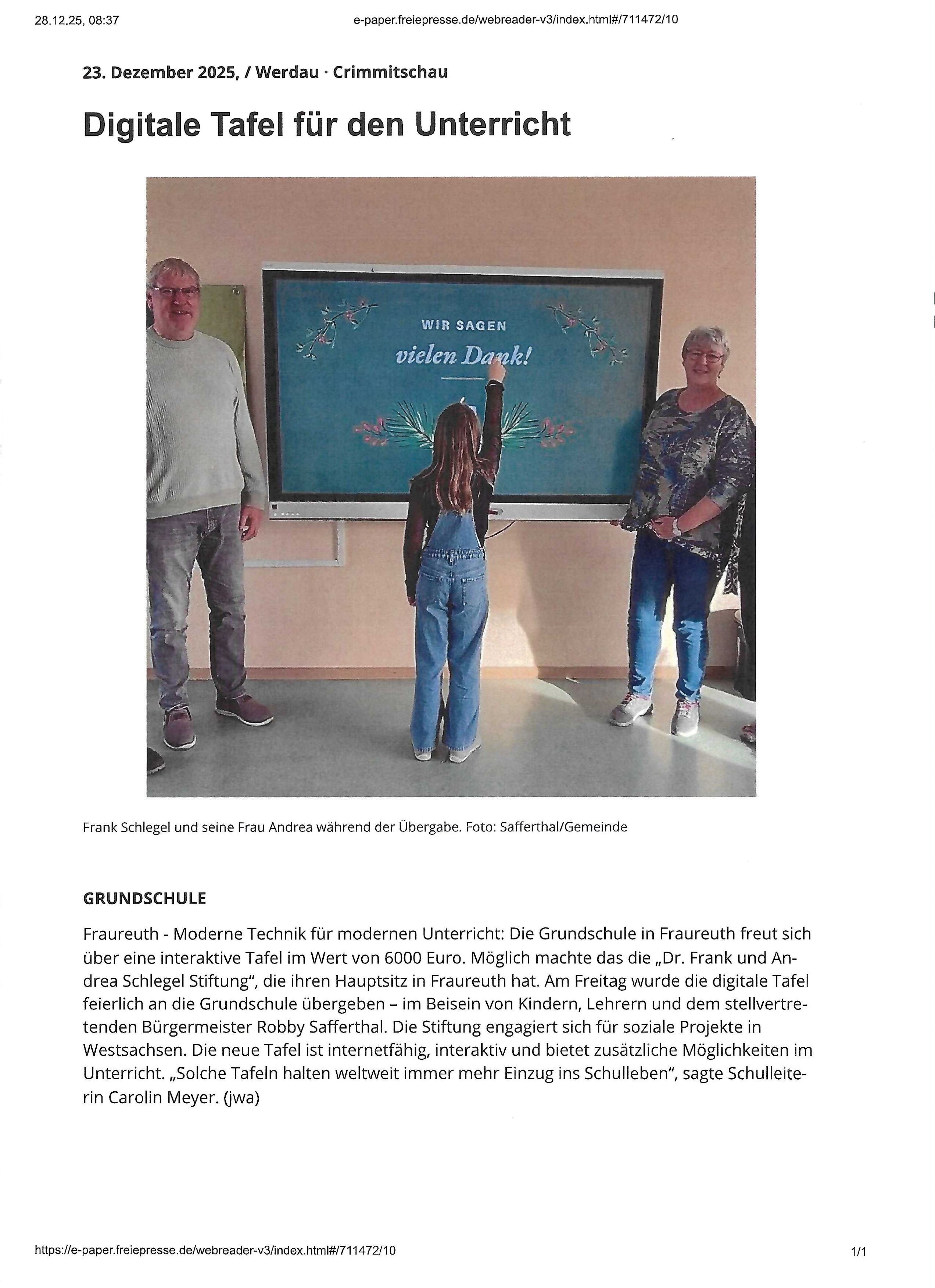 Freie Presse berichtet zur neuen digitalen Tafel an GS Fraureuth